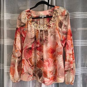 Sheer pink floral print Jennifer Lopez blouse